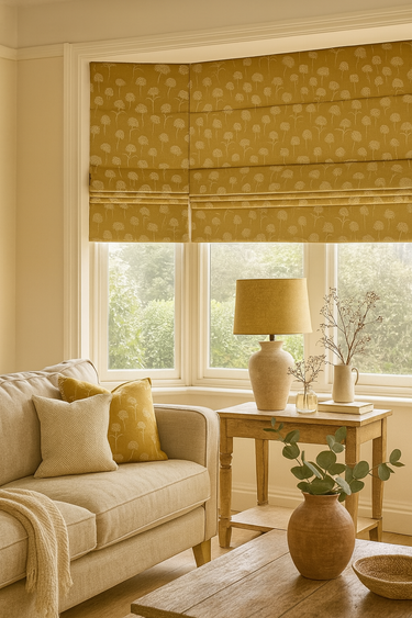 Living room with beige sofa, patterned yellow roman blinds, and wooden side table.